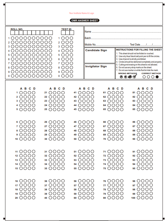 omr sheet 100 questions black and white pdf