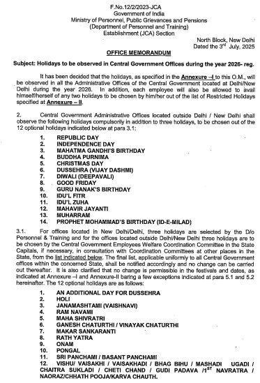 Central Government Holiday List 2026 pdf