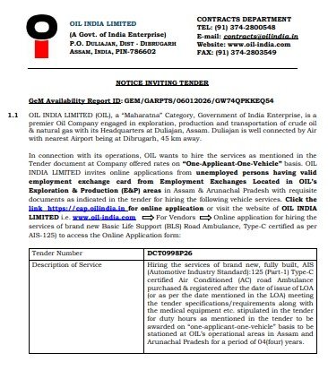 Oil India Ambulance Tender 2026 pdf