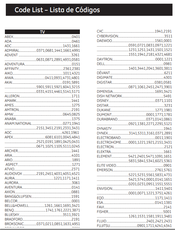 GE Universal Remote Code List pdf free
