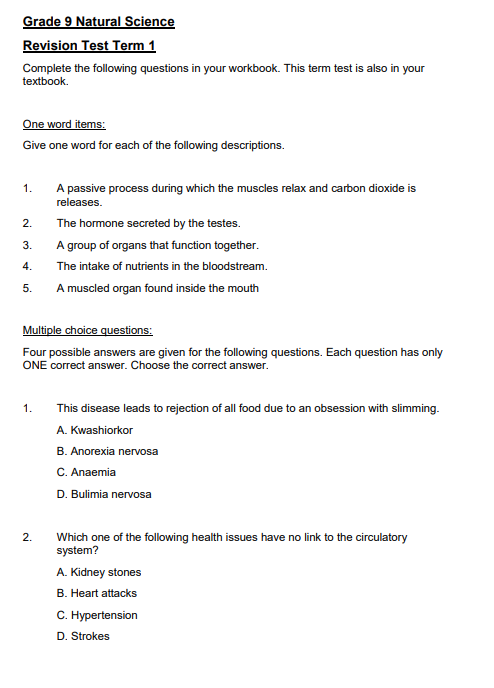 Natural Science Grade 9 Term 1 Test papers pdf