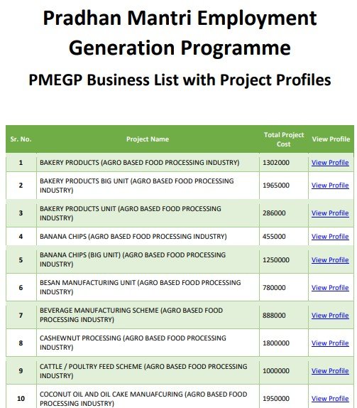 PMEGP Scheme List pdf