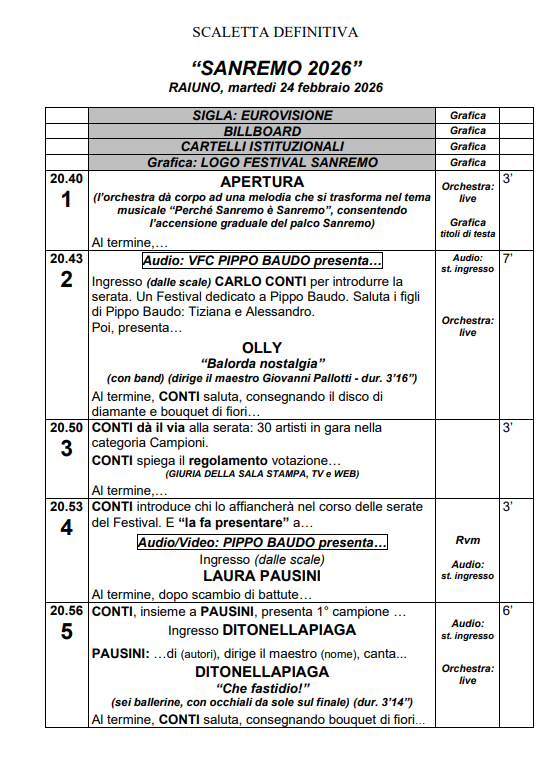 Scaletta Sanremo 2026 pdf free download