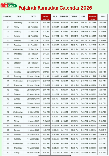 Ramadan 2026 UAE Calendar pdf free download