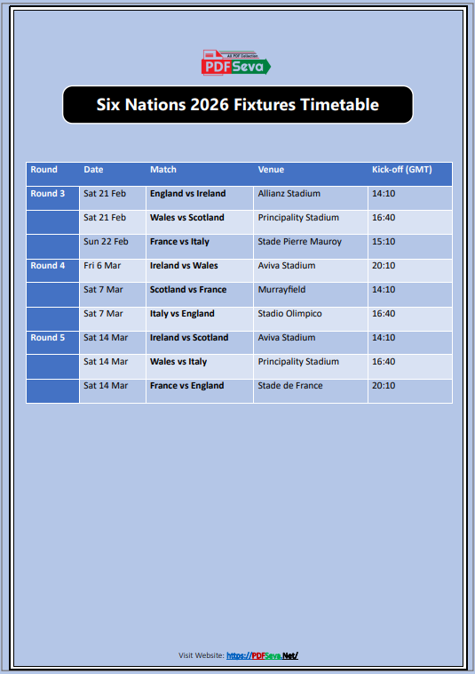 Six Nations 2026 Fixtures Timetable pdf free