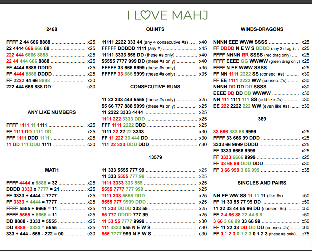 2026 Mahjong Card Printable pdf free download