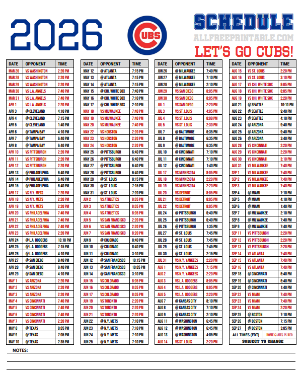 Printable Cubs Schedule 2026 pdf free download