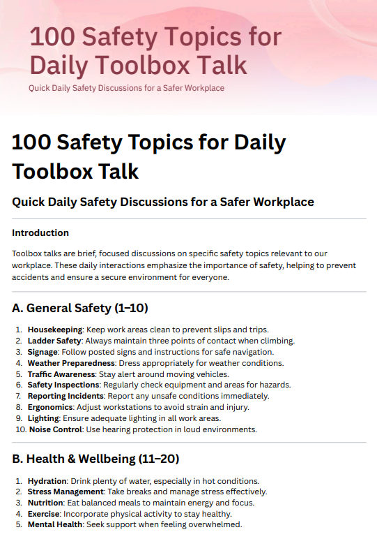 100 Safety Topics for Daily Toolbox Talk pdf free download
