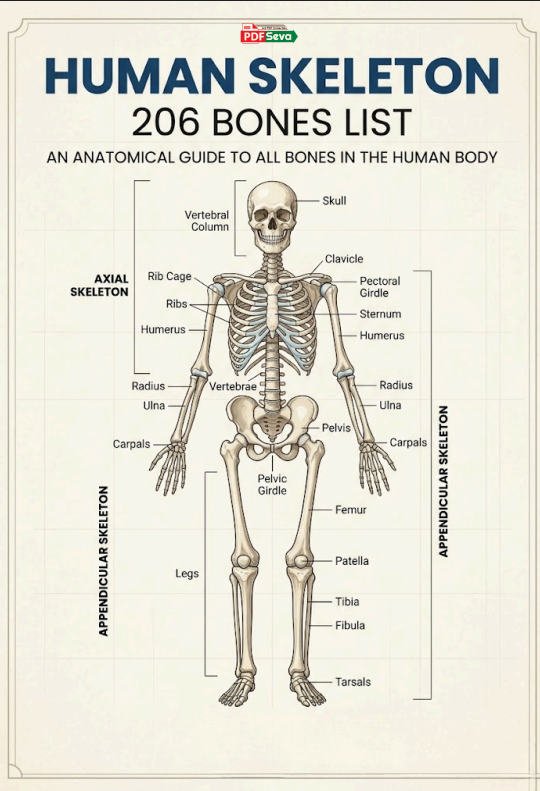 “206 bones name list chart with labeled human skeleton diagram for students”