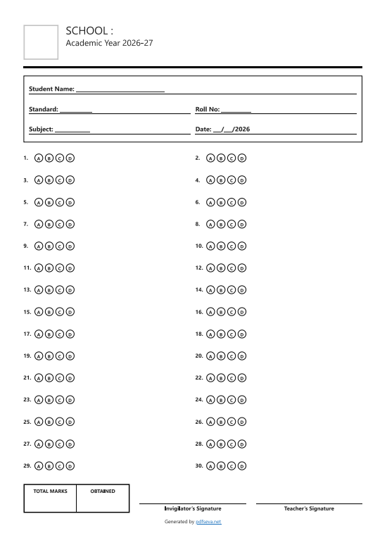 30 Question OMR Sheet pdf free download
