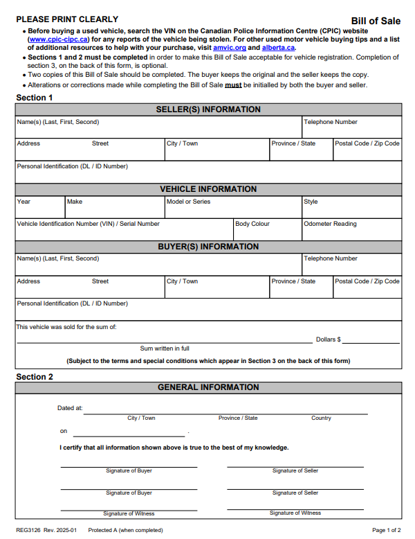 Alberta Bill of Sale pdf free download