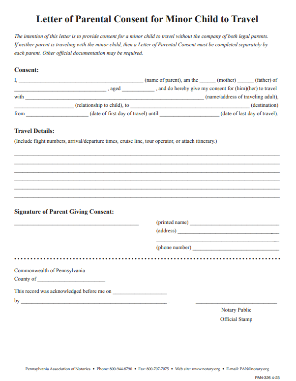 Child Travel Consent Form USA pdf free download