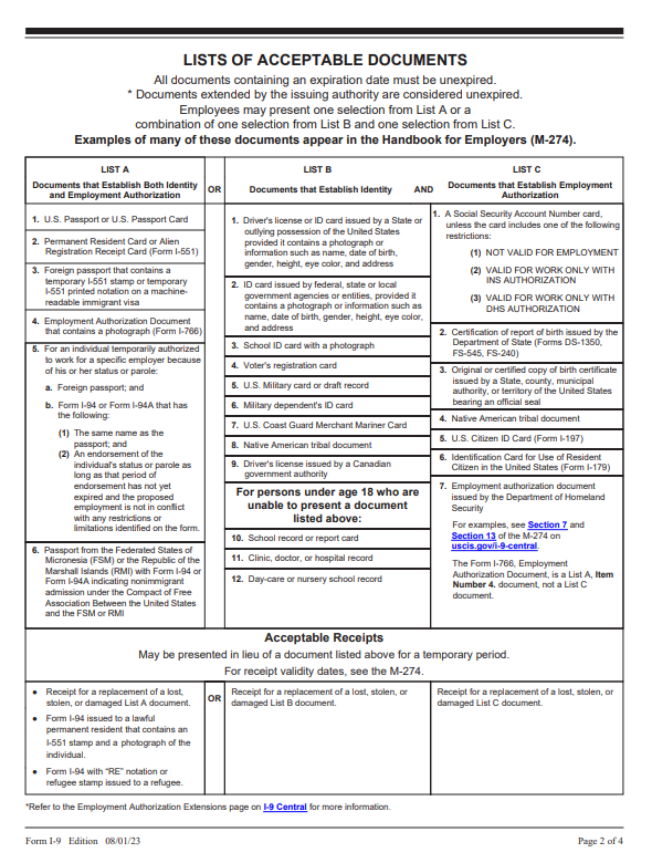 list of acceptable documents for i-9 2026 pdf free download